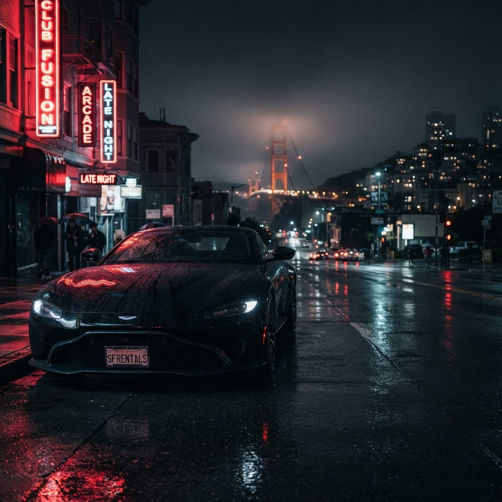 Luxury sports car on a San Francisco street at night